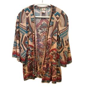 Flying Tomato Geometric Pattern Cardigan/Kimono Open Front 3/4 Sleeve Sz M